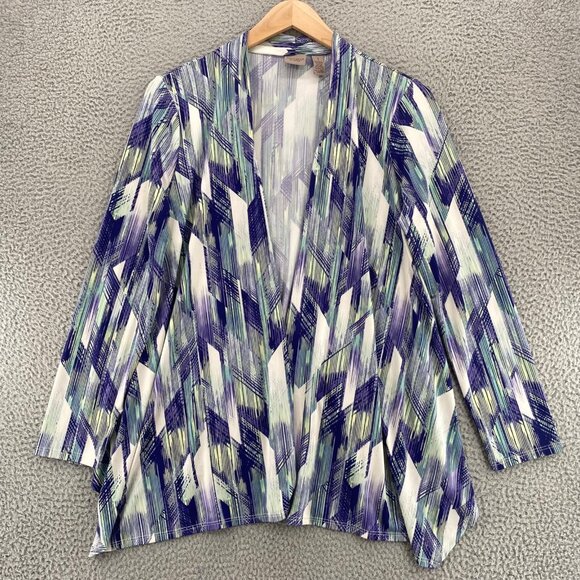 Chicos Top Womens 1 US Medium Blue Abstract Easywear Open Kimono Stretch Knit - Picture 1 of 10